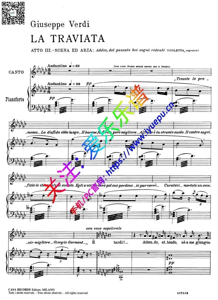 茶花女 La travilata ActIII No16 Addio del passato 钢伴声乐独唱谱-1 乐谱曲谱总谱分谱伴奏音乐在线预览试听下载