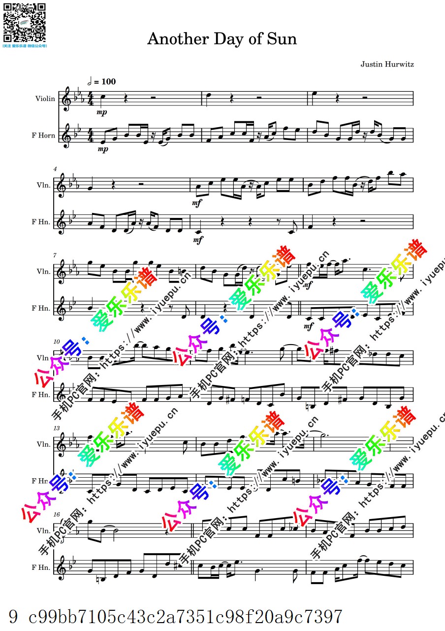 爱乐之城 Lalaland 又一个阳光灿烂的日子 Another day of sun 小提琴圆号二重奏 总分谱 乐谱曲谱总谱分谱伴奏音乐在线预览试听下载