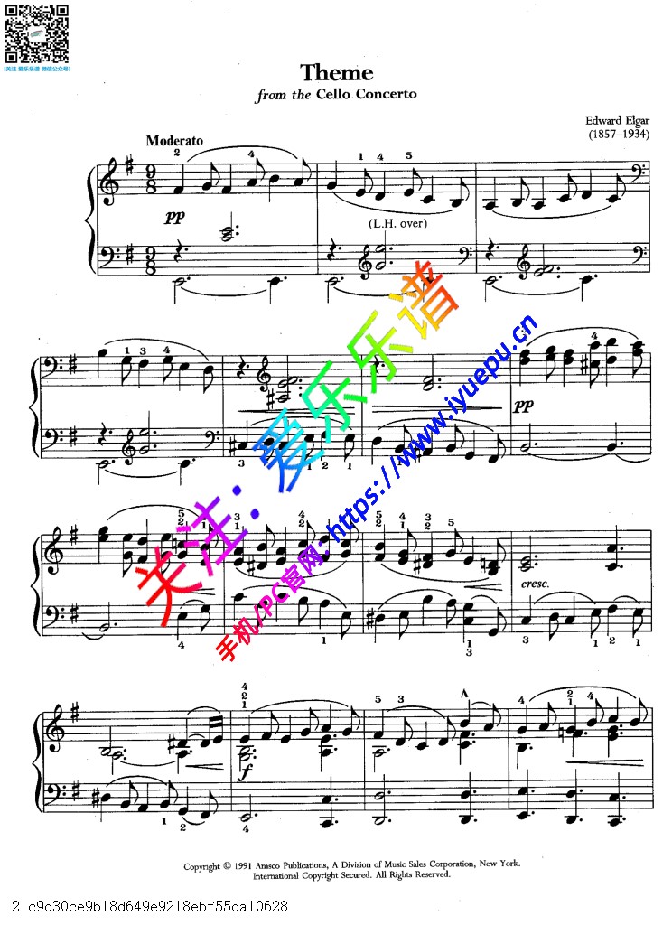 埃尔加 Elgar 中板 Theme from the cello concerto  钢琴谱 乐谱曲谱总谱分谱伴奏音乐在线预览试听下载