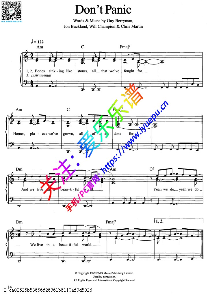 Coldplay-Guy Berryman-Don't panic 歌曲 钢琴弹唱谱 乐谱曲谱总谱分谱伴奏音乐在线预览试听下载