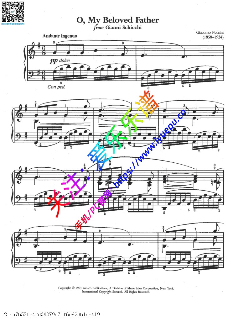Puccini 普契尼 o my belorved father 我亲爱的父亲 钢琴谱 乐谱曲谱总谱分谱伴奏音乐在线预览试听下载