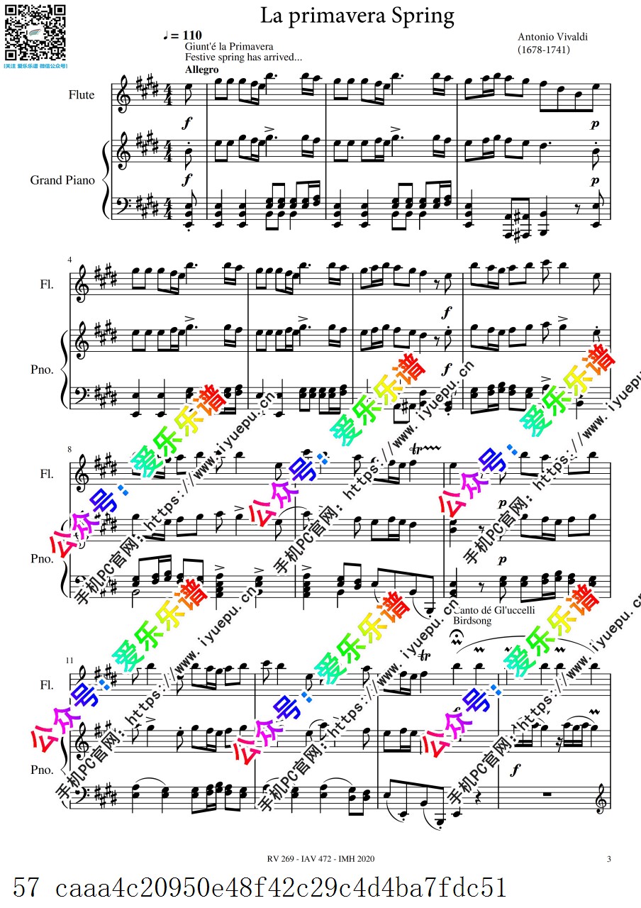 Vivaldi spring La Primavera 维瓦尔第 四季-春 全三乐章 长笛谱与钢琴伴奏谱 总分谱 乐谱曲谱总谱分谱伴奏音乐在线预览试听下载