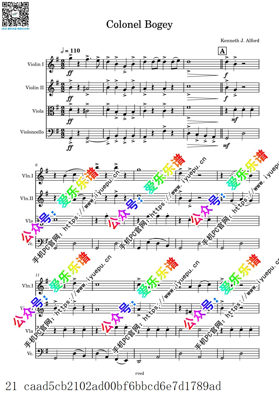 Colonel Bogey March 桂河大桥 波基上校进行曲 弦乐四重奏 官版-总谱和分谱 乐谱曲谱总谱分谱伴奏音乐在线预览试听下载