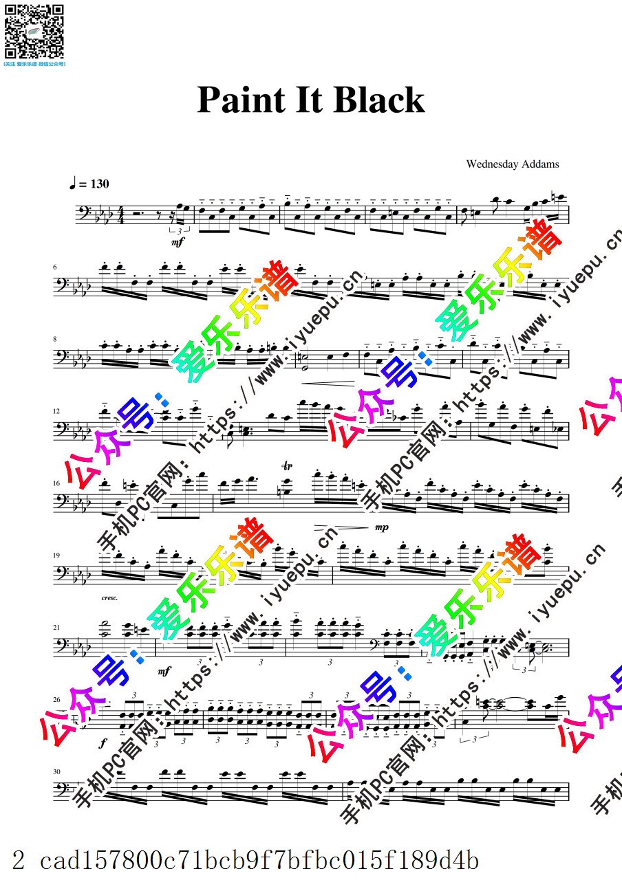 Wednesday addams 星期三 Paint It Black 大提琴谱 独奏 乐谱曲谱总谱分谱伴奏音乐在线预览试听下载