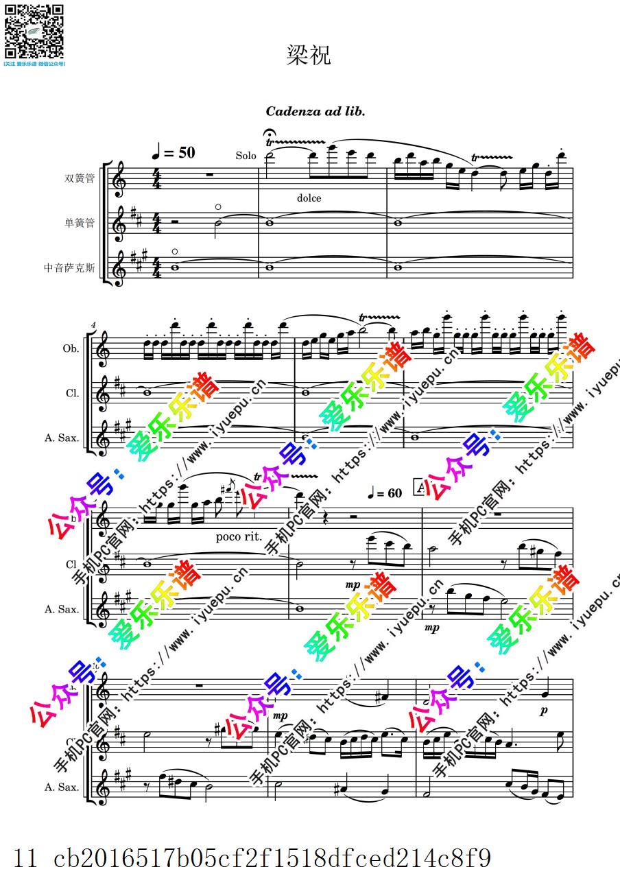 节选 梁祝 梁山伯与祝英台 双簧管单簧管萨克斯 三重奏 -总谱和分谱 V1 乐谱曲谱总谱分谱伴奏音乐在线预览试听下载