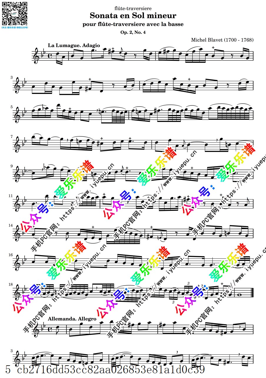 Blavet布拉维 6 Flute Sonatas Op.2 No.4 六首长笛奏鸣曲之四 长笛谱 乐谱曲谱总谱分谱伴奏音乐在线预览试听下载