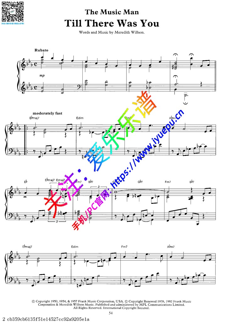 The music man-Till there was you 钢琴谱 乐谱曲谱总谱分谱伴奏音乐在线预览试听下载