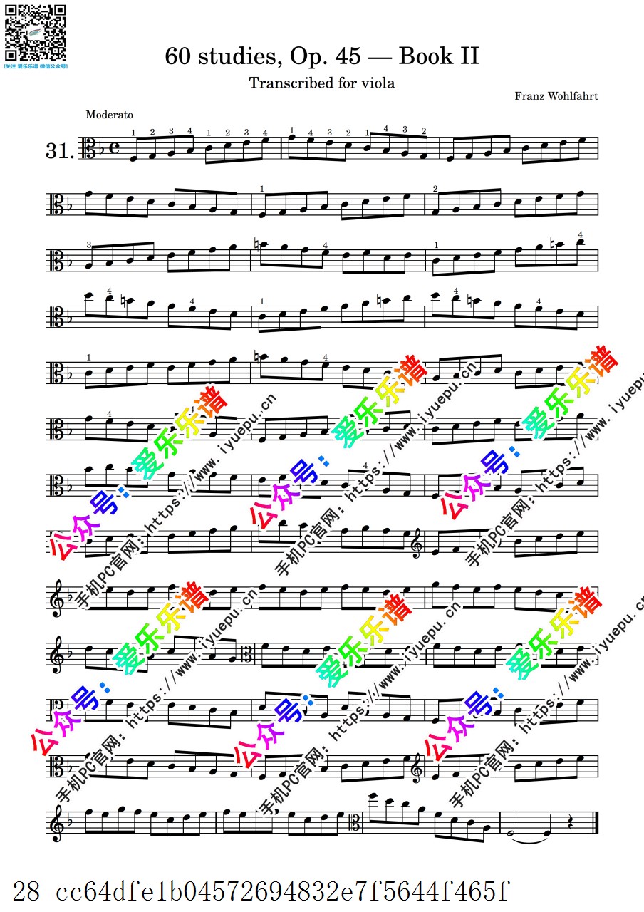 Wohlfahrt, Franz 沃尔法特 60 Studies for the Viola Op.45 中提琴练习曲 第二册 乐谱曲谱总谱分谱伴奏音乐在线预览试听下载