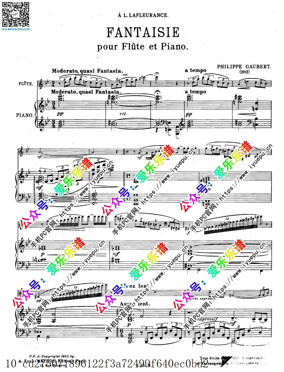 Gaubert, Philippe菲利普-高伯特 Fantaisie for Flute and Piano 幻想曲 长笛钢琴伴奏谱 AZMathot原版 乐谱曲谱总谱分谱伴奏音乐在线预览试听下载