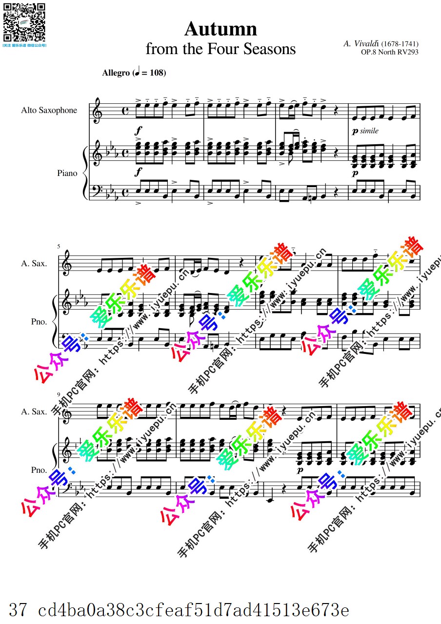 Vivaldi 维瓦尔第 四季 秋 Autumn RV293 全三乐章 中音萨克斯谱与钢琴伴奏谱 乐谱曲谱总谱分谱伴奏音乐在线预览试听下载
