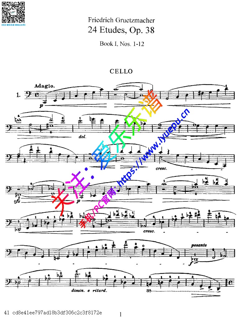 Grutzmacher 格鲁兹马赫尔 二十四首练习曲 op38 卷一 大提琴独奏谱 Julius Klengel 版 乐谱曲谱总谱分谱伴奏音乐在线预览试听下载