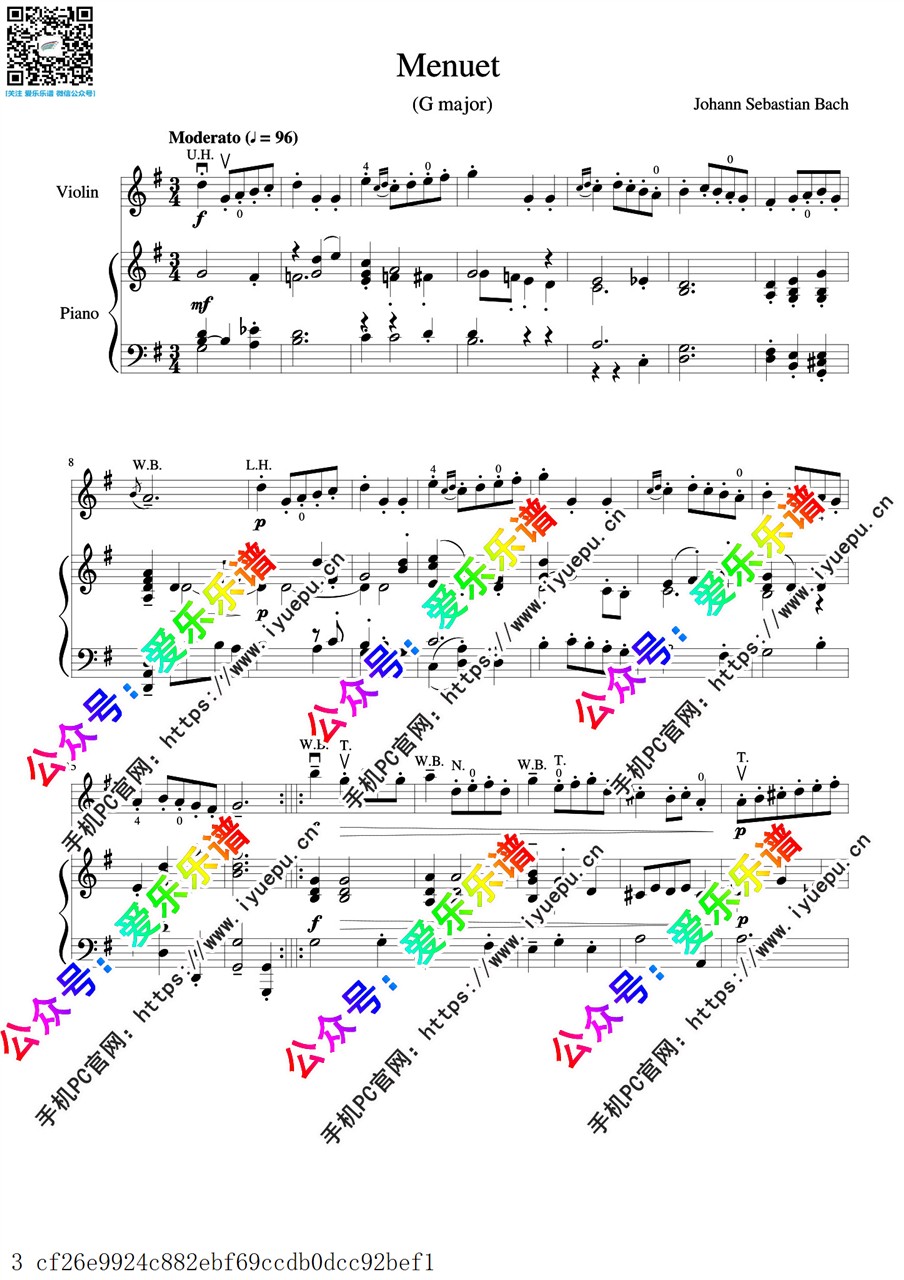 巴赫 Minuet in G major BWV Anh.114 G大调小步舞曲 雅致灵动小步舞曲 爱的协奏曲 小提琴与钢琴伴奏谱 乐谱曲谱总谱分谱伴奏音乐在线预览试听下载