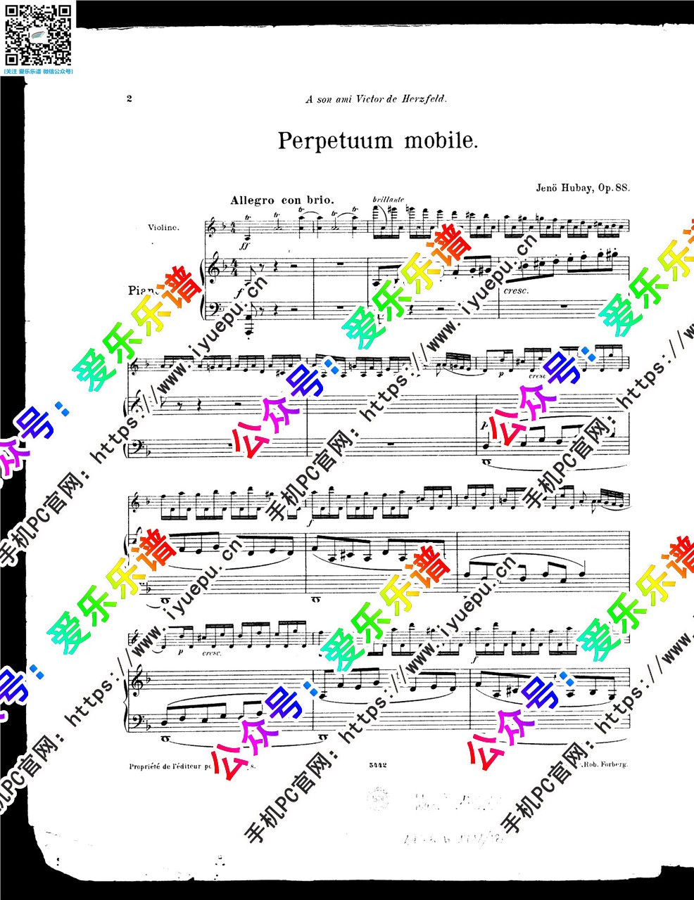 Hubay 胡拜 无穷动 Perpetuum mobile OP.88 小提琴钢琴伴奏谱 总谱 乐谱曲谱总谱分谱伴奏音乐在线预览试听下载