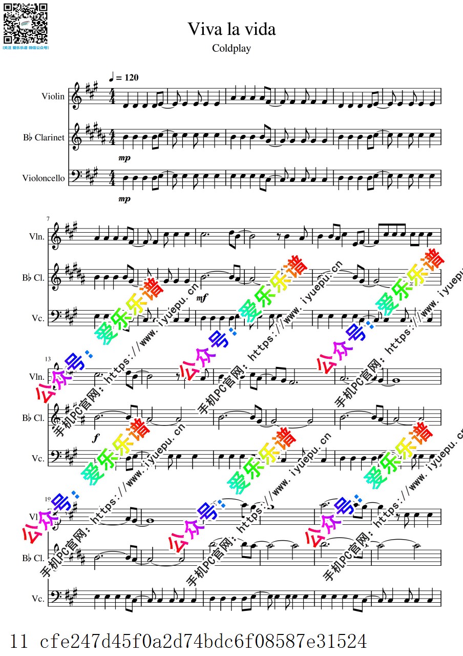 Coldplay生命万岁 Viva la Vida 小提琴单簧管大提琴三重奏 总谱分谱 乐谱曲谱总谱分谱伴奏音乐在线预览试听下载