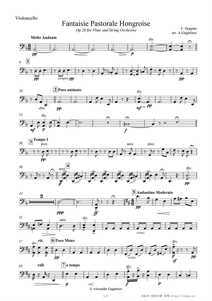 多普勒 匈牙利田园幻想曲Op26 长笛+交响乐管弦乐 大提琴分谱 乐谱曲谱总谱分谱伴奏音乐在线预览试听下载