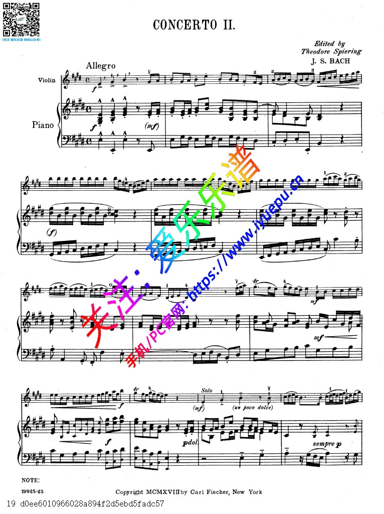 巴赫E大调第二协奏曲 BWV1042 小提琴钢琴伴奏谱 CF 乐谱曲谱总谱分谱伴奏音乐在线预览试听下载