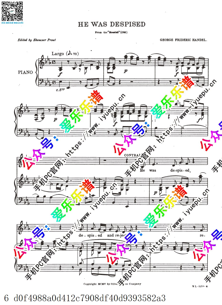 Handel 亨德尔 Aria - He was despised (Part II) 声乐钢琴伴奏谱 原版 乐谱曲谱总谱分谱伴奏音乐在线预览试听下载