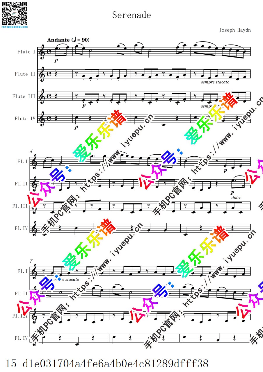 Haydn 海顿 小夜曲 OP.3 No.5 Serenade  4长笛四重奏-总谱与分谱 乐谱曲谱总谱分谱伴奏音乐在线预览试听下载