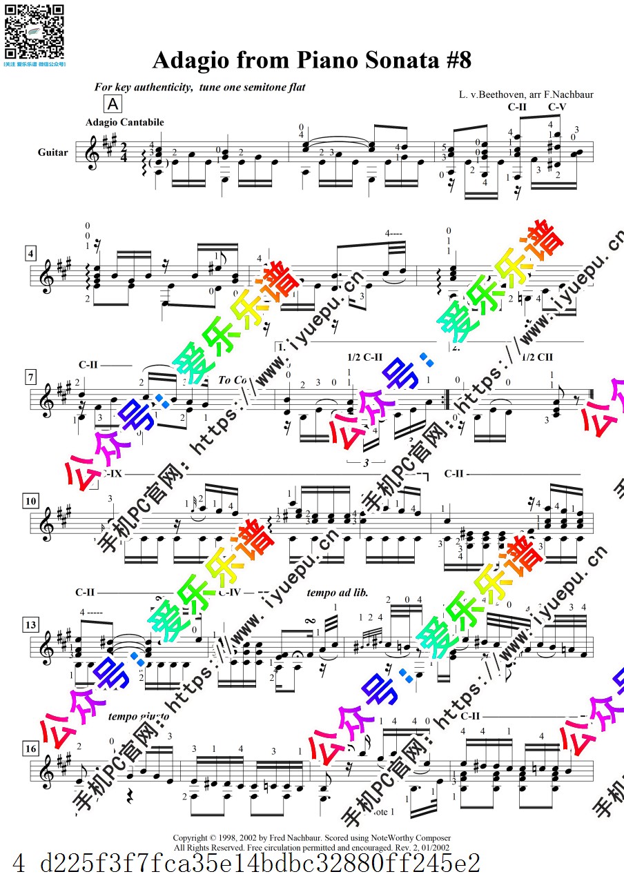 贝多芬 悲怆奏鸣曲 OP.13  第二章 柔板 古典吉他谱V1 乐谱曲谱总谱分谱伴奏音乐在线预览试听下载