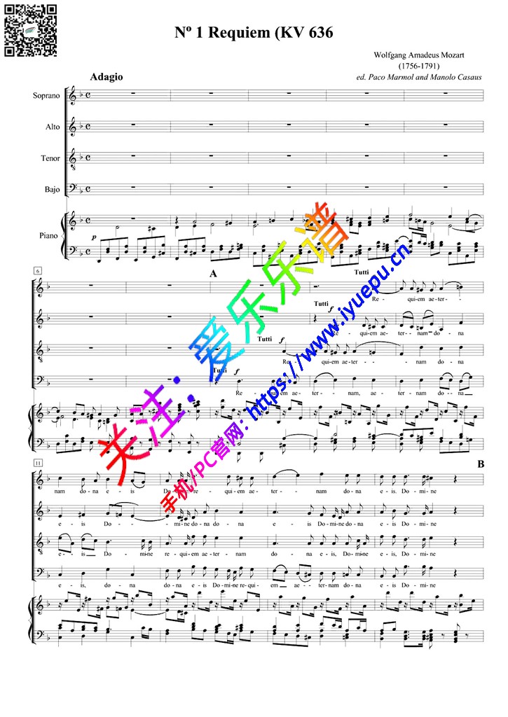 mozart requiem莫扎特D小调安魂弥撒曲 KV 626 全套1-12章 钢琴伴奏四声部合唱谱-1 乐谱曲谱总谱分谱伴奏音乐在线预览试听下载