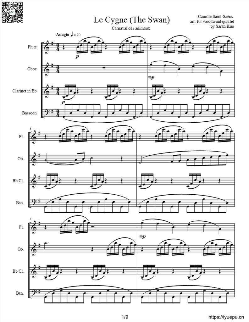 圣桑 动物狂欢节-天鹅 长笛单簧管双簧管大管室内乐木管四重奏总分谱 乐谱曲谱总谱分谱伴奏音乐在线预览试听下载