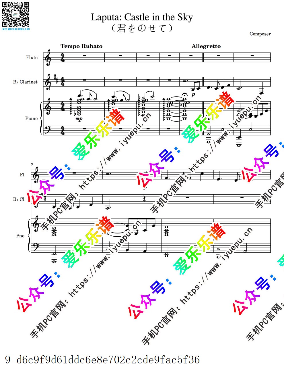 天空之城  Castle in the sky 长笛单簧管钢琴三重奏 in C 总谱分谱 乐谱曲谱总谱分谱伴奏音乐在线预览试听下载