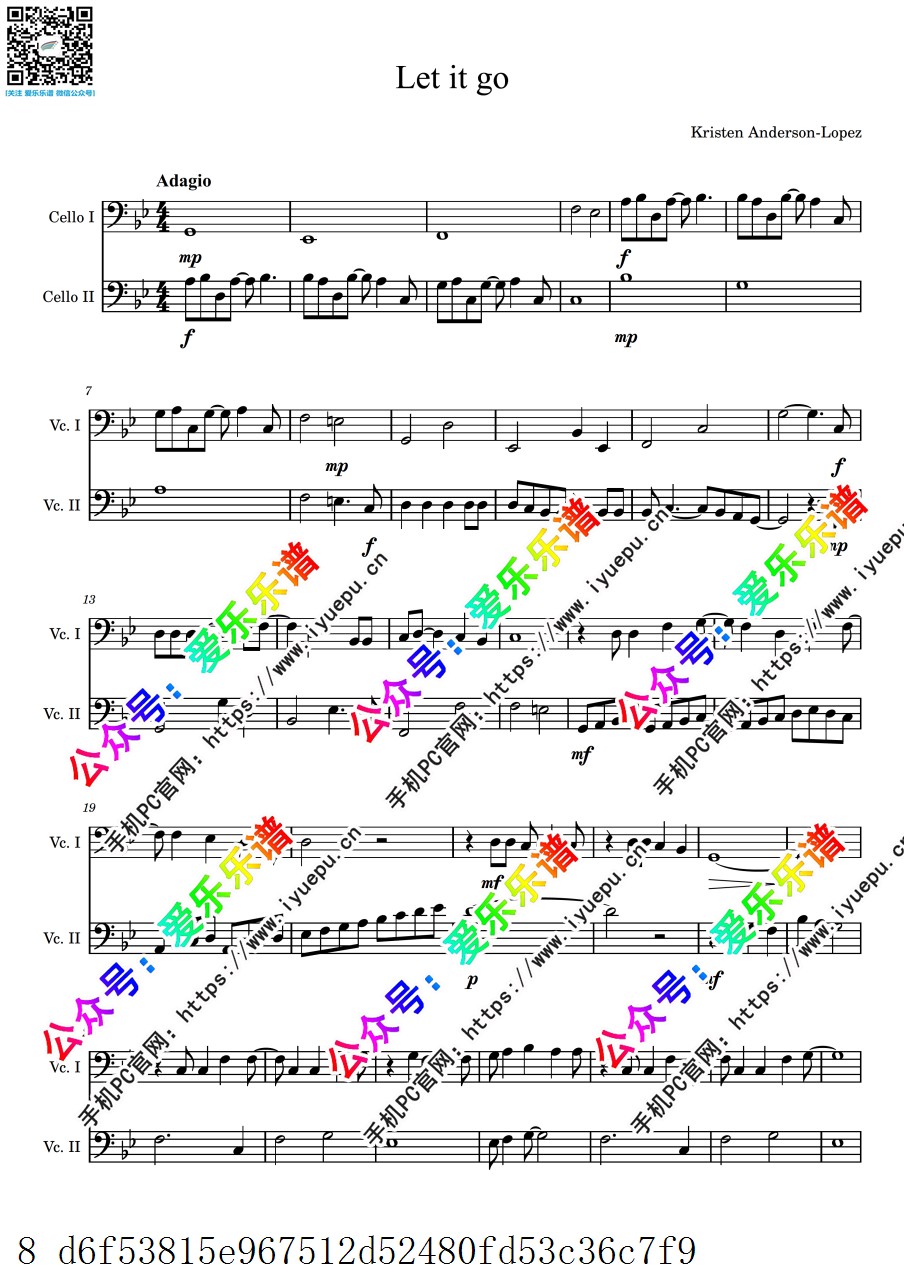 Let it Go 冰雪奇缘主题曲 双大提琴二重奏 总谱分谱 乐谱曲谱总谱分谱伴奏音乐在线预览试听下载