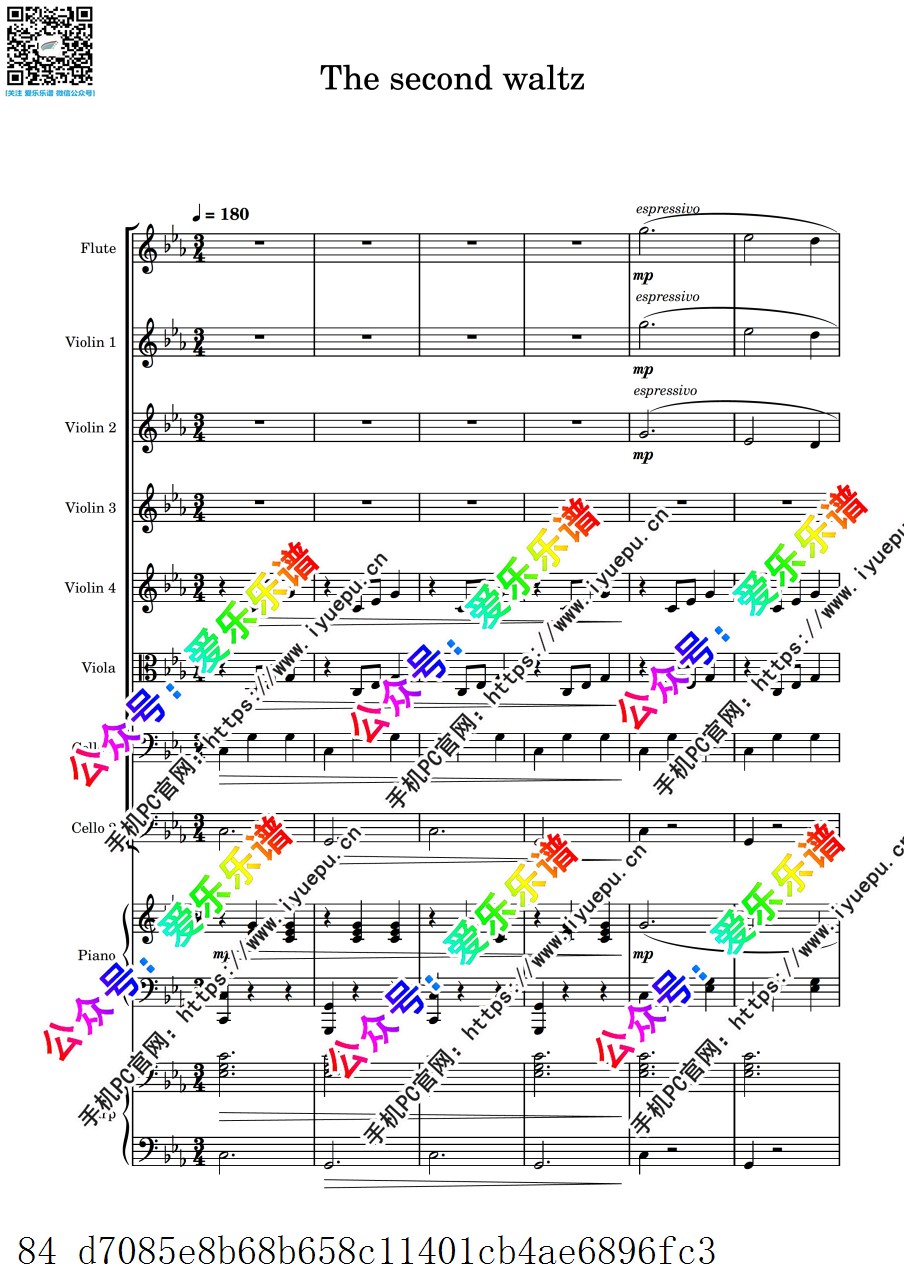 Shostakovich 肖斯塔科维奇 Second Waltz 第二圆舞曲 长笛4小提琴1中提琴2大提琴1钢琴1竖琴十重奏 合奏-总谱和分谱 乐谱曲谱总谱分谱伴奏音乐在线预览试听下载