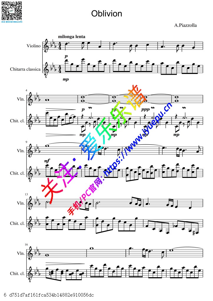 Piazzolla 皮亚佐拉 Oblivion 遗忘 小提琴吉他二重奏-总谱与分谱 乐谱曲谱总谱分谱伴奏音乐在线预览试听下载