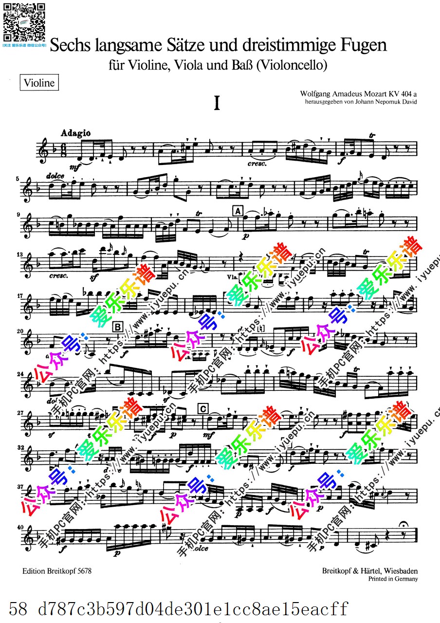 Moart Preludes and Fugues 莫扎特 六首前奏曲与赋格 K.404a 小中大提琴 弦乐三重奏-分谱 BH 原版 乐谱曲谱总谱分谱伴奏音乐在线预览试听下载