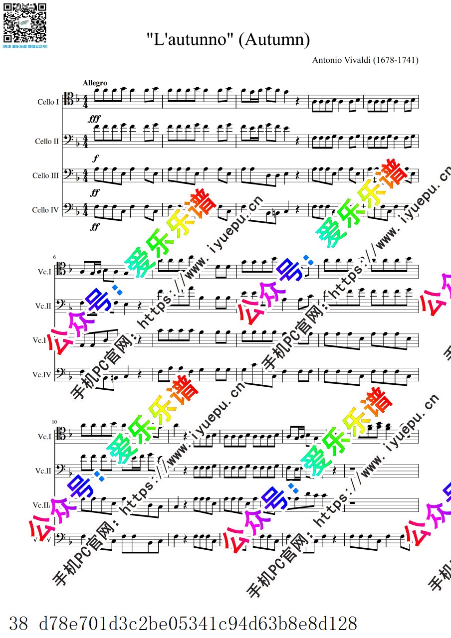Vivaldi 维瓦尔第 四季-秋 Autumn RV293 全三乐章 4大提琴四重奏-总谱与分谱 乐谱曲谱总谱分谱伴奏音乐在线预览试听下载