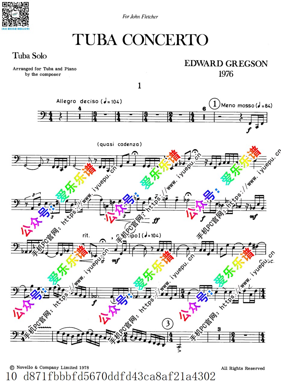Edward Gregson爱德华-格雷格森 Tuba Concerto 大号协奏曲 大号谱与钢琴伴奏谱 总分谱 原版 乐谱曲谱总谱分谱伴奏音乐在线预览试听下载