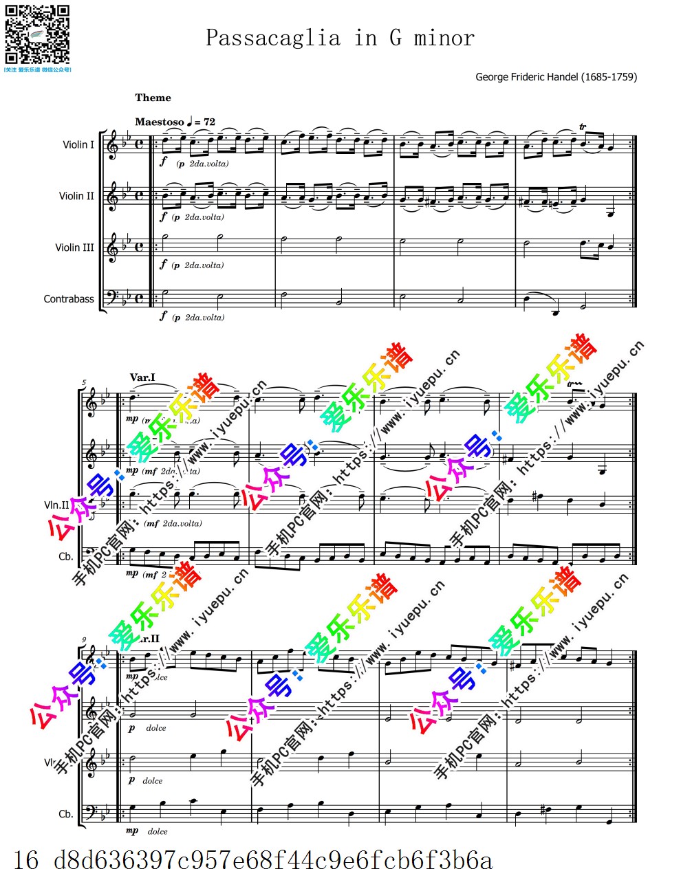 Handel 亨德尔 帕萨卡利亚 Passacaglia 3小1低音提琴 弦乐四重奏 V1-总谱和分谱 乐谱曲谱总谱分谱伴奏音乐在线预览试听下载