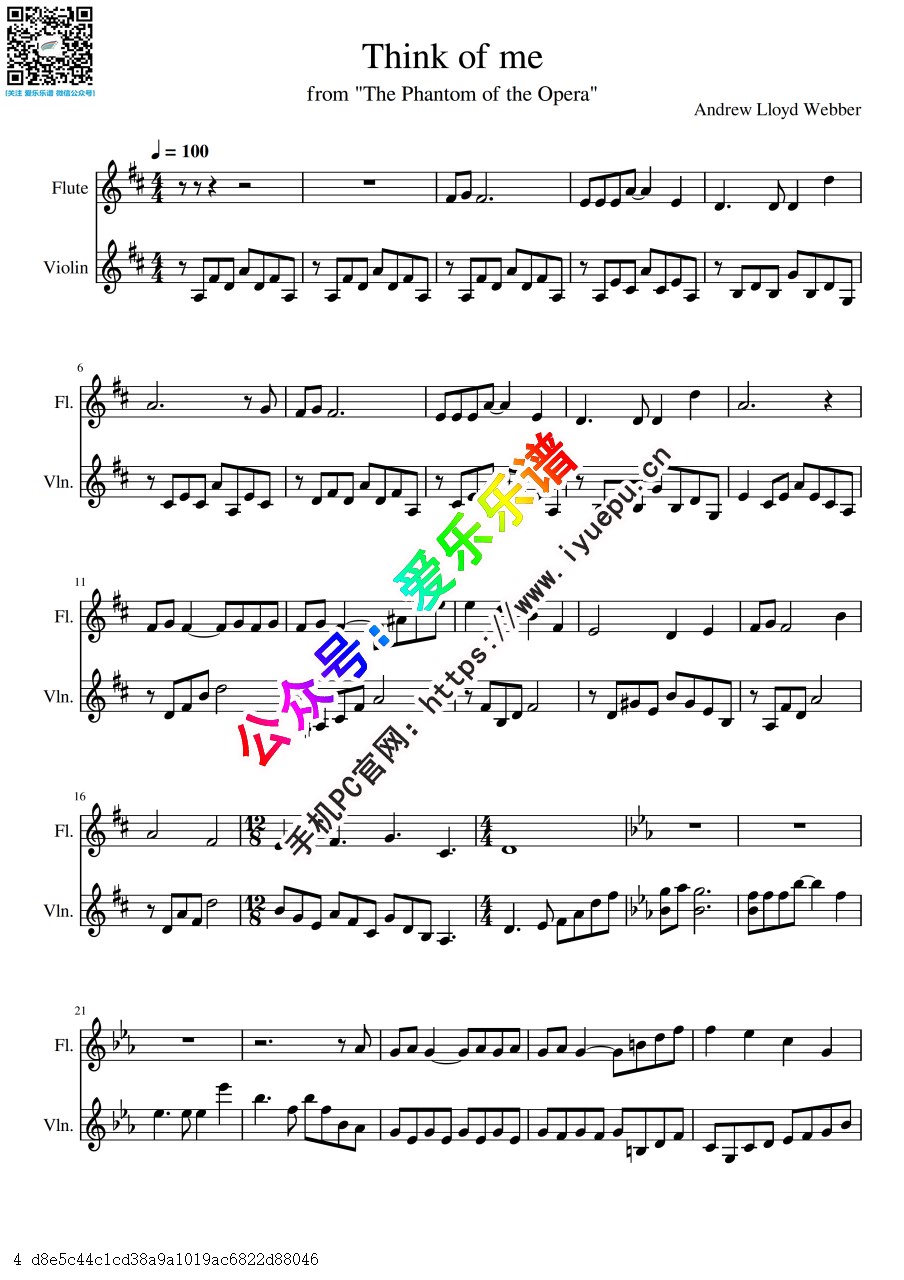 歌剧魅影 插曲 Think of me  长笛小提琴二重奏-总谱与分谱 乐谱曲谱总谱分谱伴奏音乐在线预览试听下载