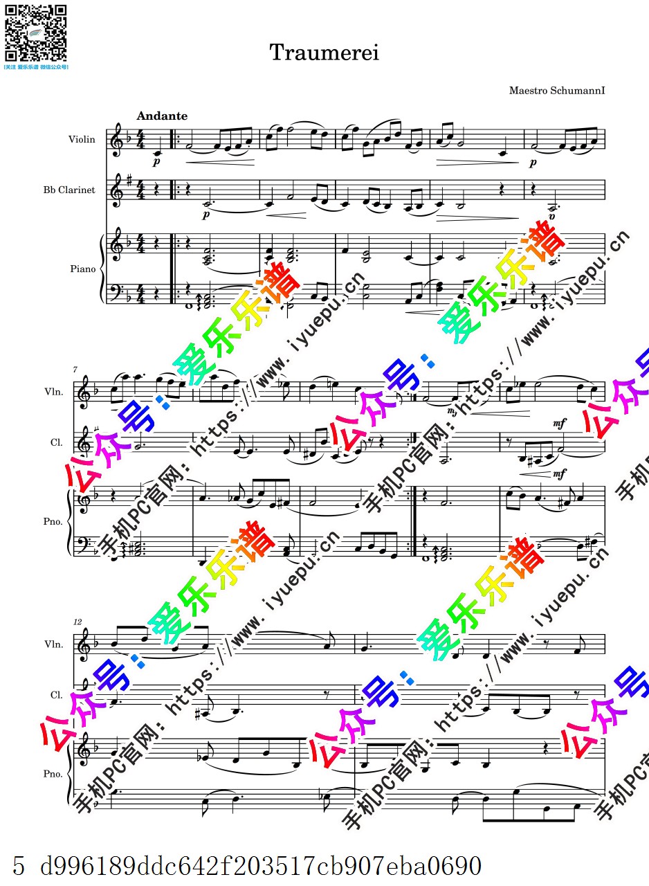 Schumann 舒曼 梦幻曲 Trumerei OP.15  小提琴单簧管钢琴三重奏-总谱与分谱 乐谱曲谱总谱分谱伴奏音乐在线预览试听下载