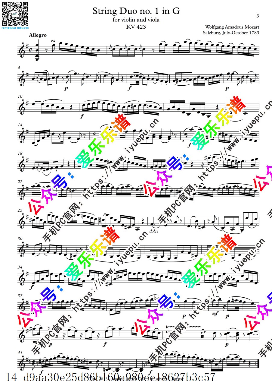 Mozart 莫扎特 Duo for Violin and Viola K.423 小提琴中提琴弦乐二重奏 分谱 高清 乐谱曲谱总谱分谱伴奏音乐在线预览试听下载