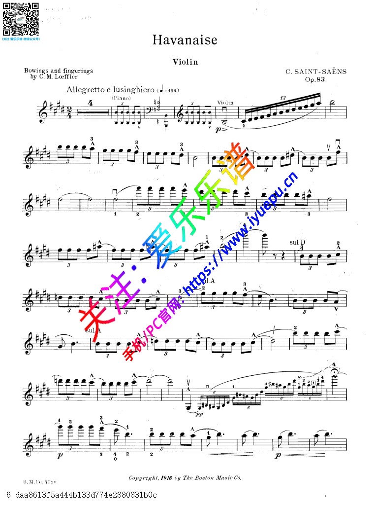 圣桑 哈巴涅拉Havanaise Op83 小提琴谱V1 乐谱曲谱总谱分谱伴奏音乐在线预览试听下载
