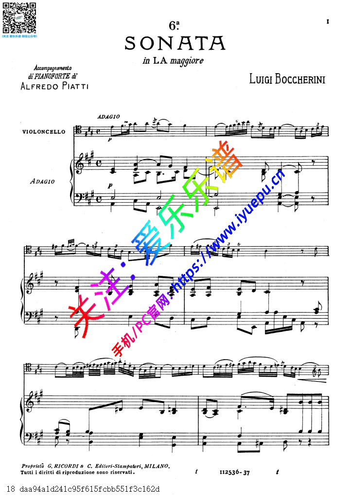 Boccherini 博凯里尼A大调第六大提琴奏鸣曲 No6 大提琴钢伴谱 乐谱曲谱总谱分谱伴奏音乐在线预览试听下载