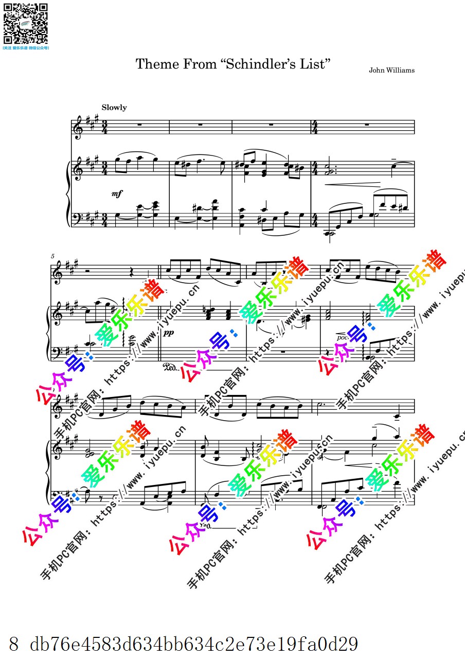 Theme from Schindler's List 辛德勒的名单主题曲 长笛分谱与钢琴伴奏谱 官版 乐谱曲谱总谱分谱伴奏音乐在线预览试听下载