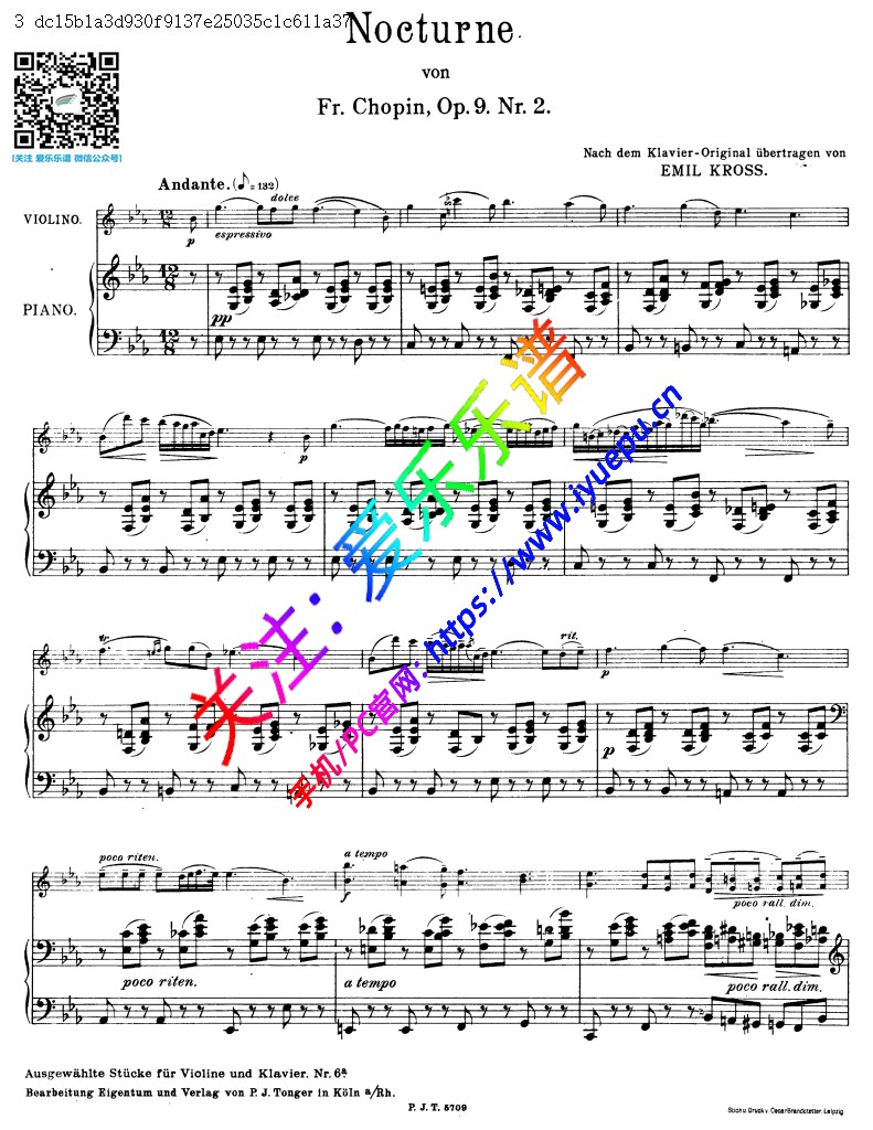 肖邦 夜曲 Nocturno Op9 No2 小提琴钢琴伴奏谱 PJT 乐谱曲谱总谱分谱伴奏音乐在线预览试听下载