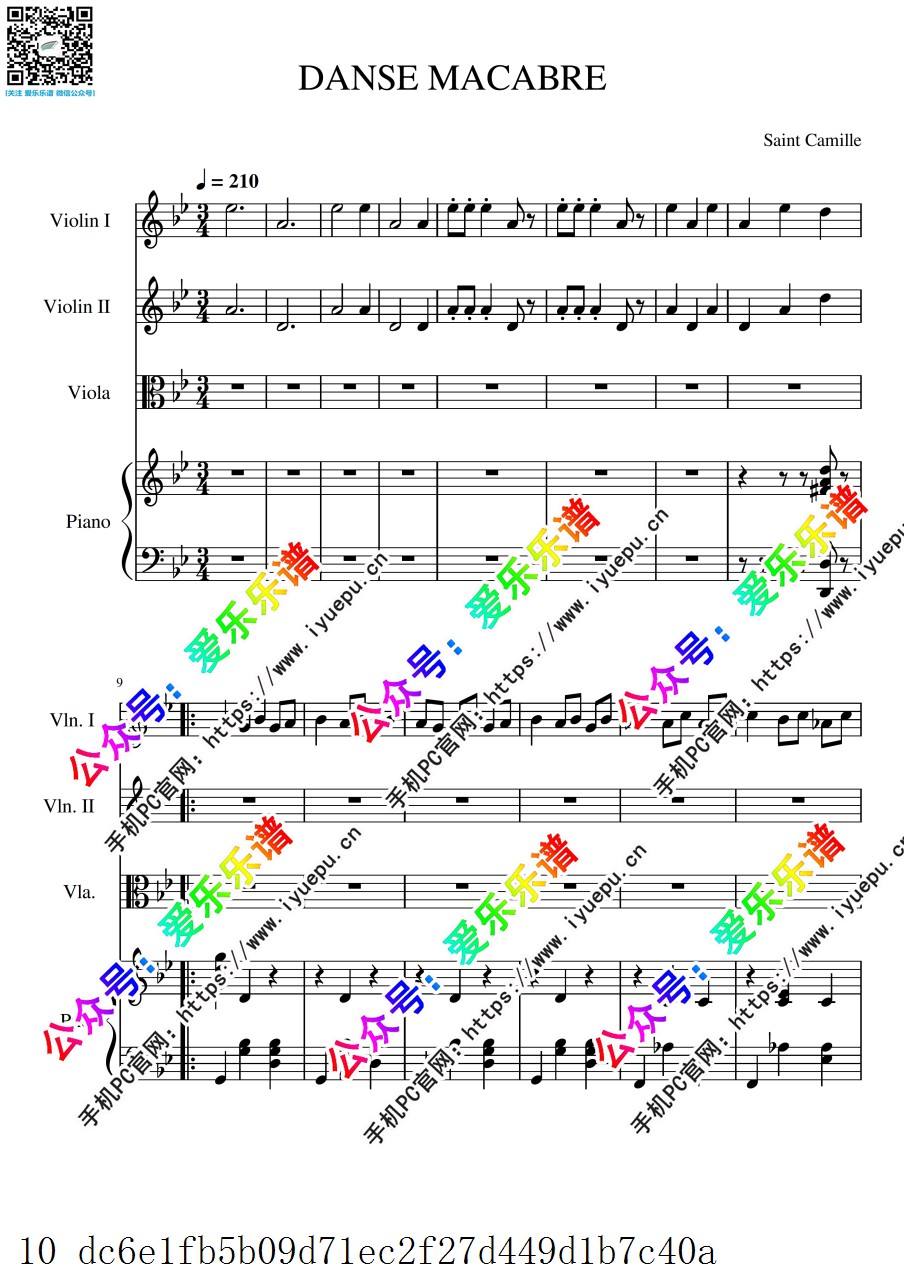 圣桑 骷髅之舞曲 Danse Macabre 2小提琴1中提琴钢琴四重奏 简化版-总谱与分谱 乐谱曲谱总谱分谱伴奏音乐在线预览试听下载