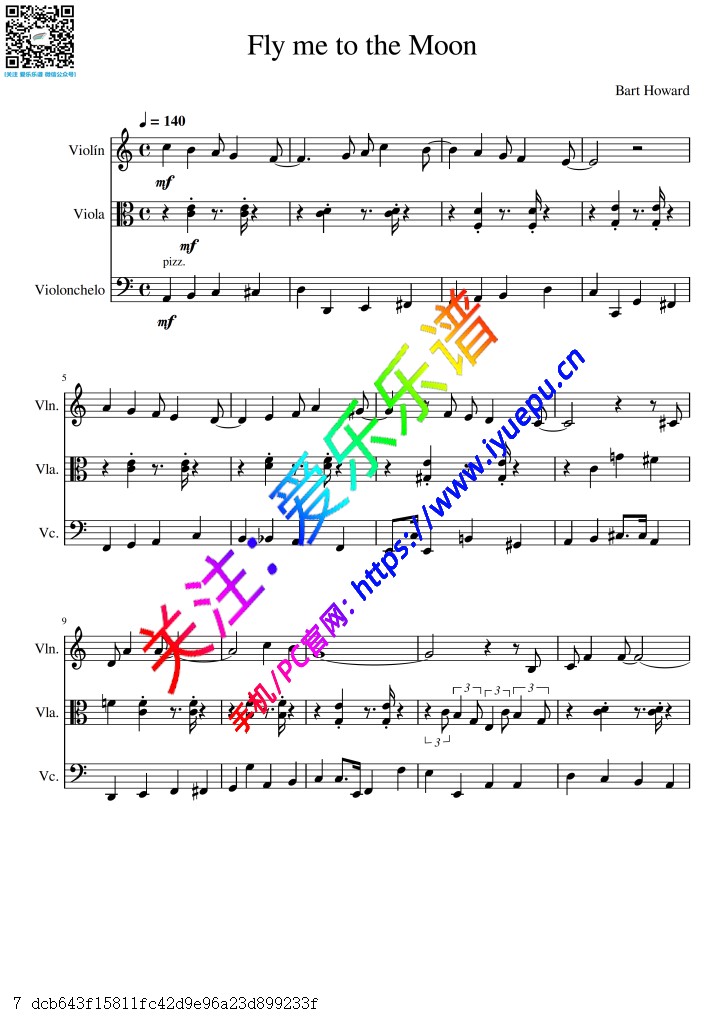 爵士乐 带我飞向月球 Fly me to the moon 小提琴中提琴大提琴 弦乐三重奏-总谱与分谱 乐谱曲谱总谱分谱伴奏音乐在线预览试听下载