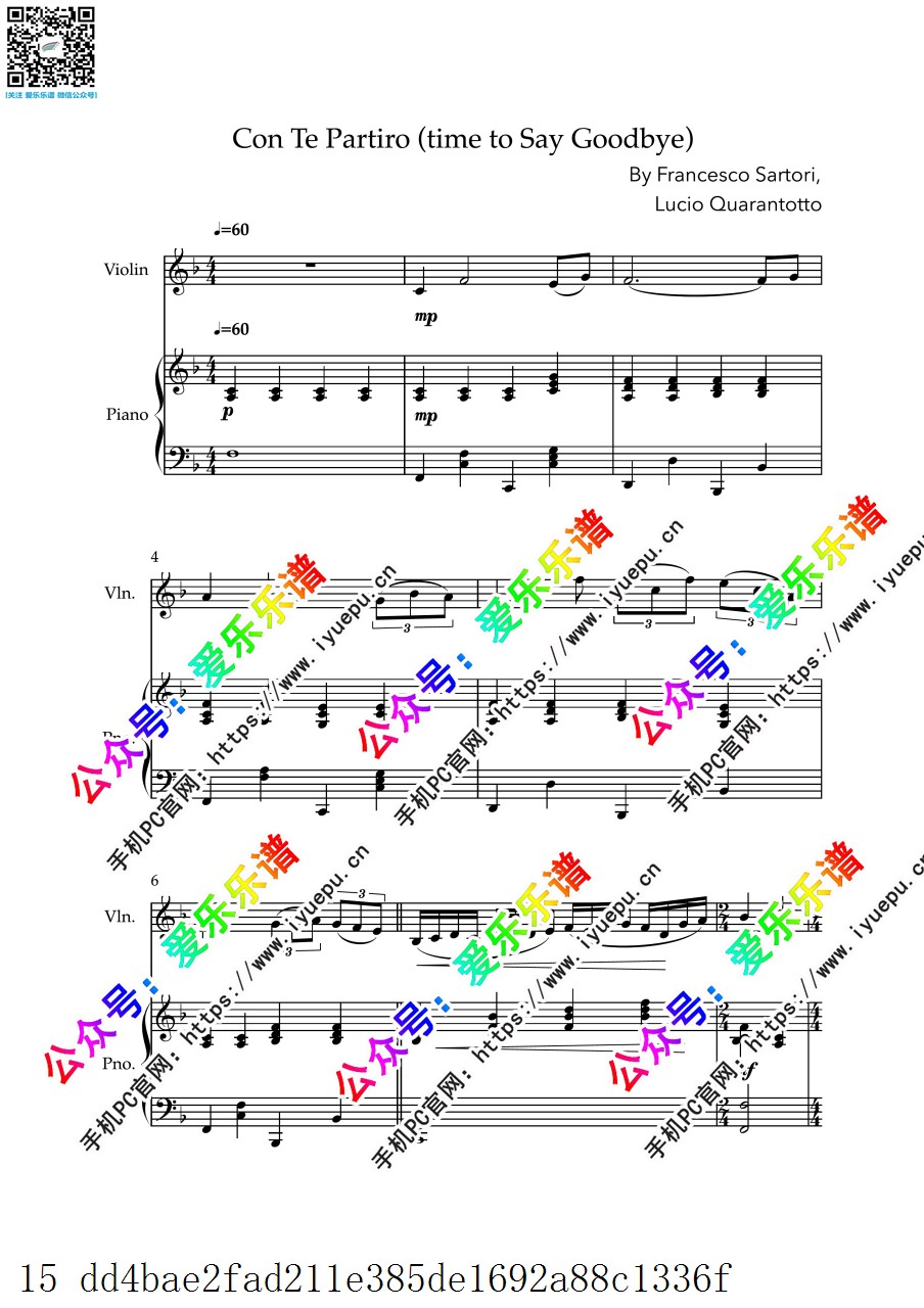 Con Te Partiro(Time To Say Goodbye) 告别时刻 小提琴谱与钢琴伴奏谱 官版 乐谱曲谱总谱分谱伴奏音乐在线预览试听下载
