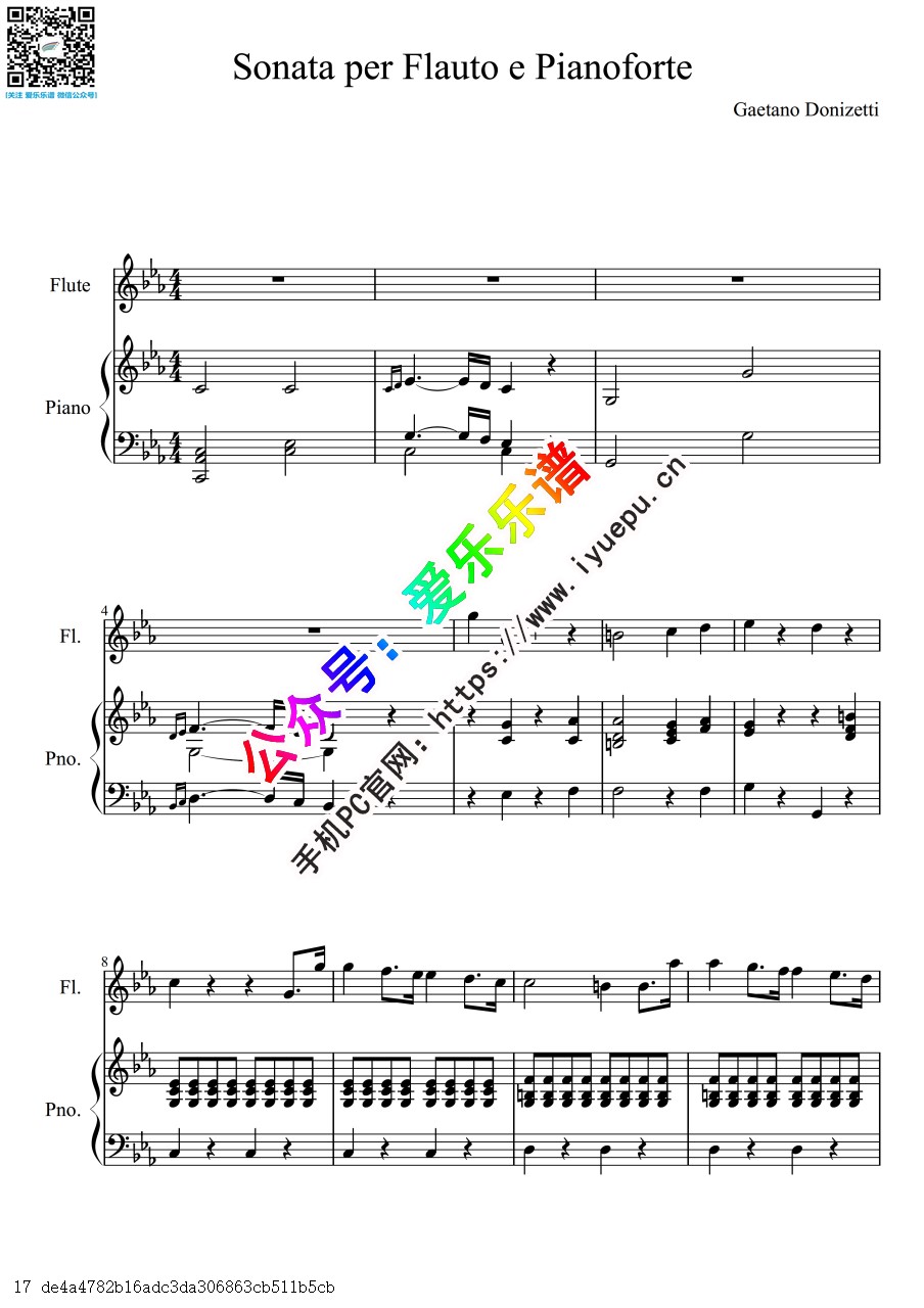 Donizetti, Gaetano多尼采蒂  Flute Sonata, A503 C大调长笛奏鸣曲 长笛钢琴伴奏谱 乐谱曲谱总谱分谱伴奏音乐在线预览试听下载