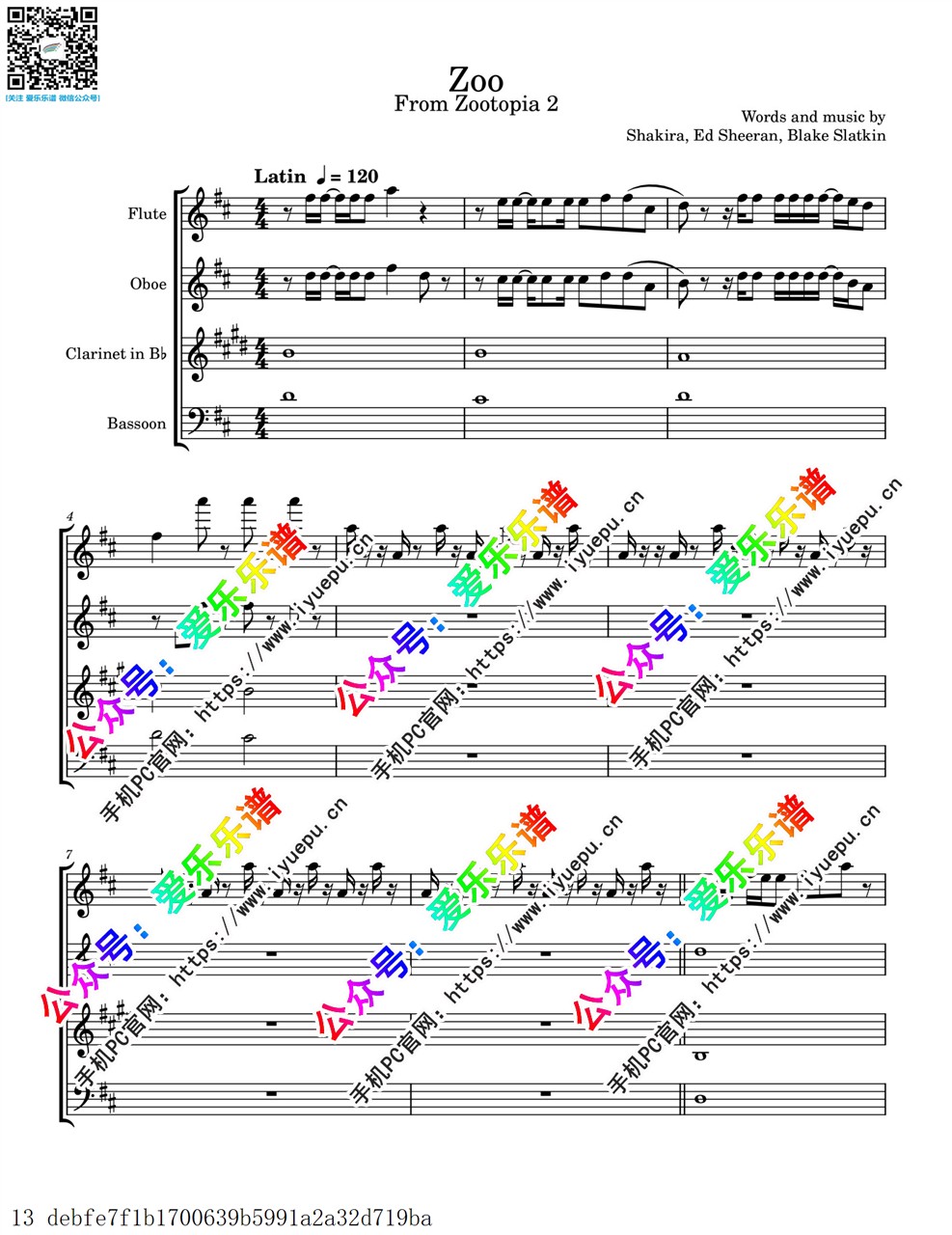 Shakira - Zoo from Zootopia 2 疯狂动物城2主题曲 动物乐园 长笛双簧管单簧管巴松(大管) 木管四重奏 总谱与分谱 官版 乐谱曲谱总谱分谱伴奏音乐在线预览试听下载