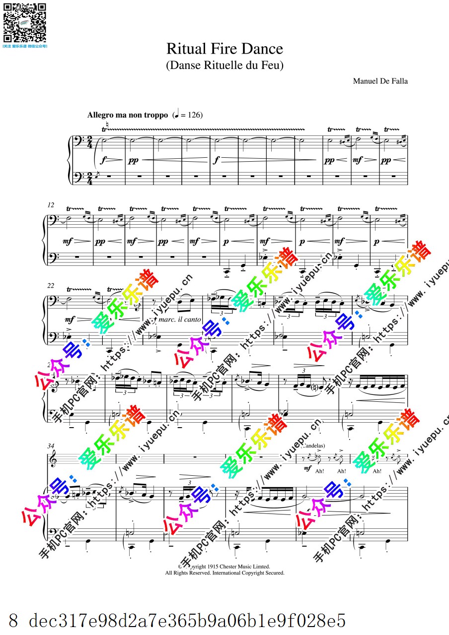 德法雅 De Falla 祭火之舞 Ritual Fire Dance 火祭舞 钢琴谱 独奏 乐谱曲谱总谱分谱伴奏音乐在线预览试听下载