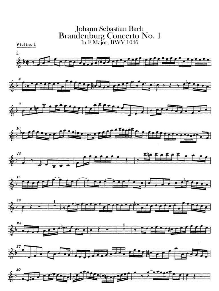 巴赫第一勃兰登堡协奏曲BWV1046 管弦乐队谱 小提琴I分谱 乐谱曲谱总谱分谱伴奏音乐在线预览试听下载