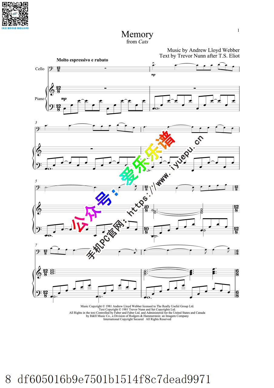 Webber韦伯 Memory from Cats 猫-回忆 大提琴谱与钢琴伴奏谱 乐谱曲谱总谱分谱伴奏音乐在线预览试听下载