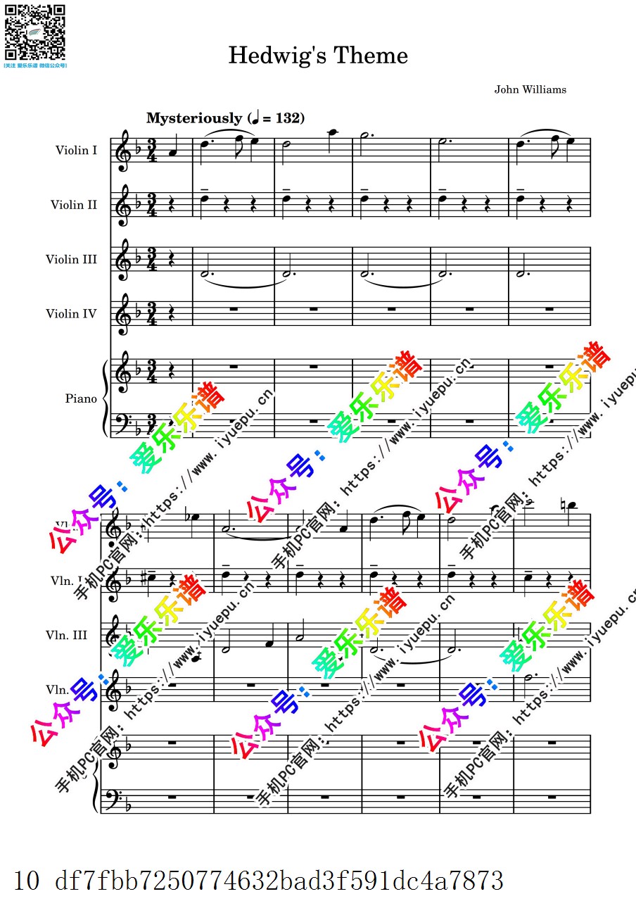 哈利波特主题曲 Hedwig's Theme 海德薇的主题 4小提琴钢琴五重奏 总分谱 乐谱曲谱总谱分谱伴奏音乐在线预览试听下载
