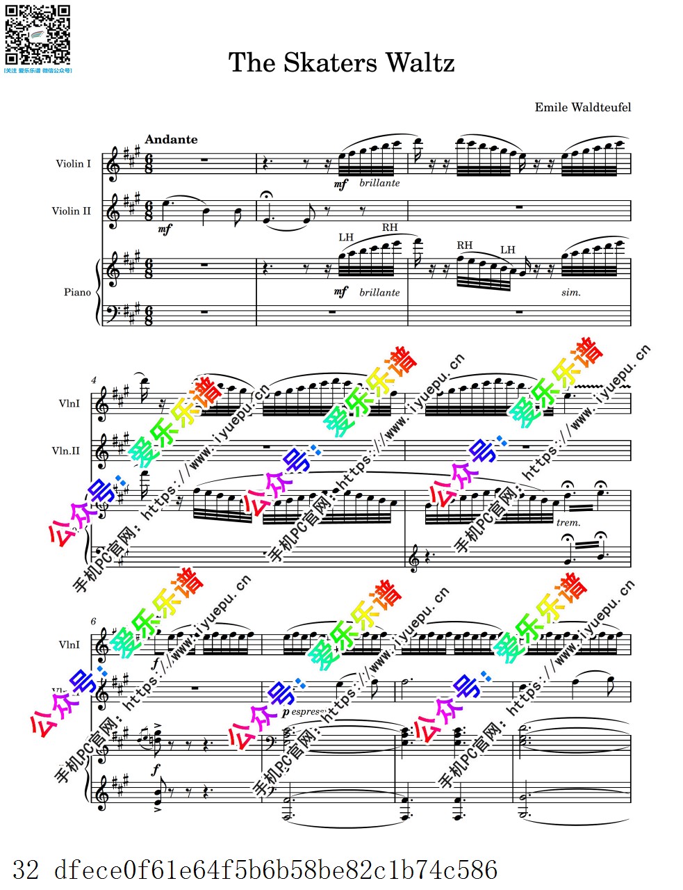 瓦尔德退费尔 The Skaters Waltz 溜冰圆舞曲 双小提琴钢琴三重奏-总谱和分谱 乐谱曲谱总谱分谱伴奏音乐在线预览试听下载